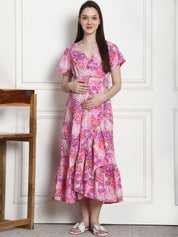 Floral Print Purple Cotton Maternity Wrap Dress