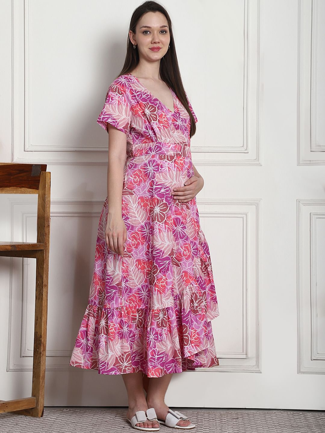 Floral Print Purple Cotton Maternity Wrap Dress