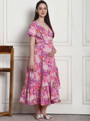 Floral Print Purple Cotton Maternity Wrap Dress