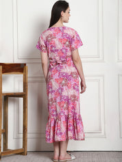Floral Print Purple Cotton Maternity Wrap Dress