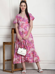Floral Print Purple Cotton Maternity Wrap Dress