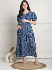 Printed Navy Blue Cotton Maternity Nightdress Calf Length