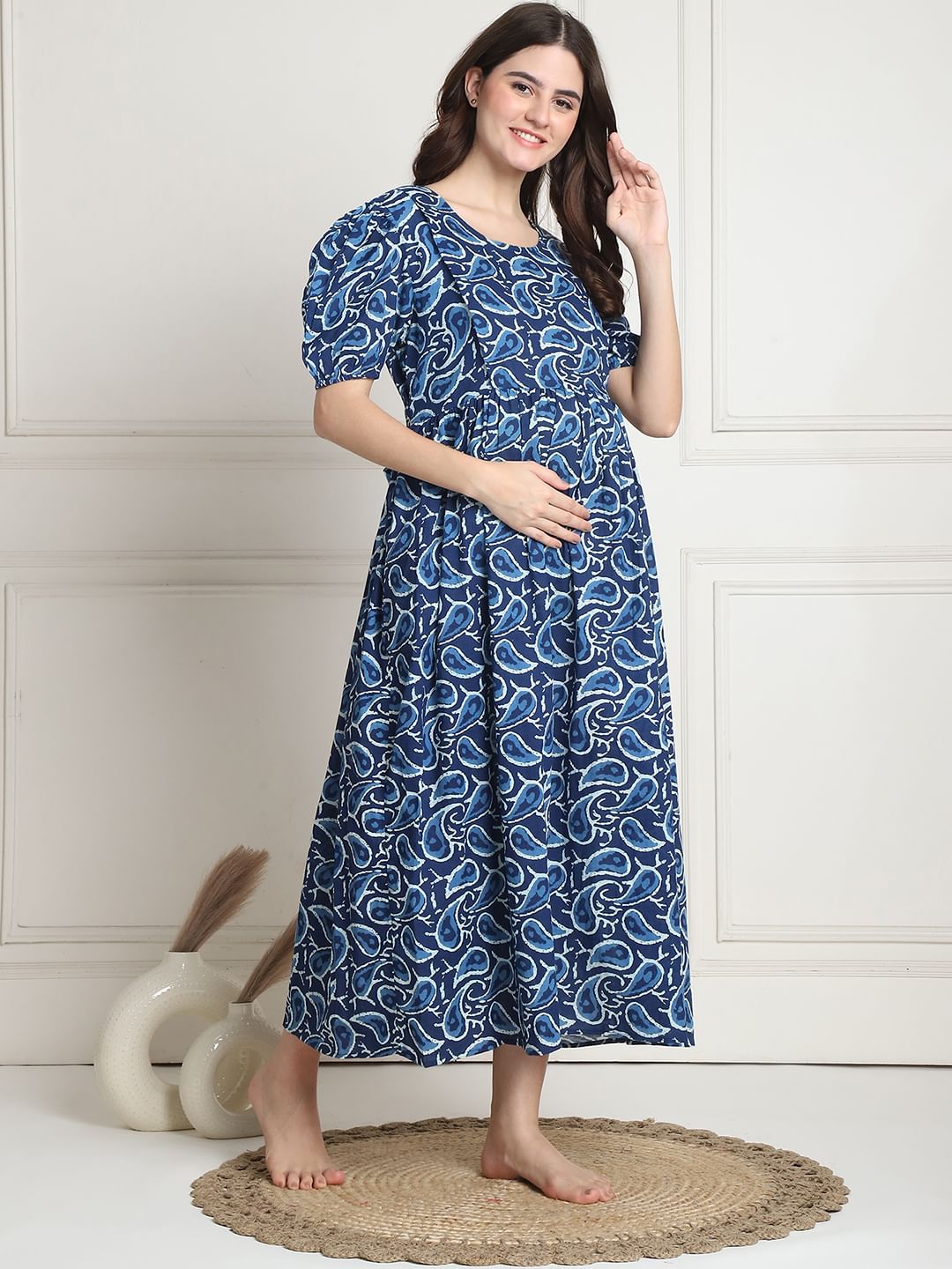 Printed Navy Blue Cotton Maternity Nightdress Calf Length