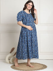 Printed Navy Blue Cotton Maternity Nightdress Calf Length