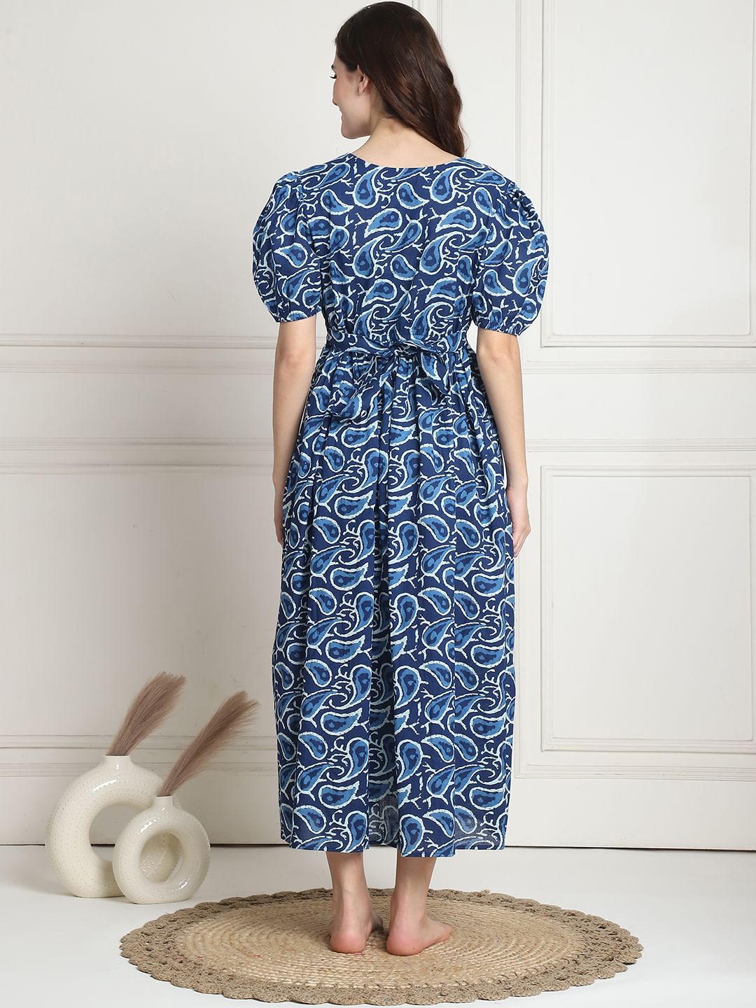 Printed Navy Blue Cotton Maternity Nightdress Calf Length