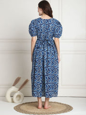 Printed Navy Blue Cotton Maternity Nightdress Calf Length
