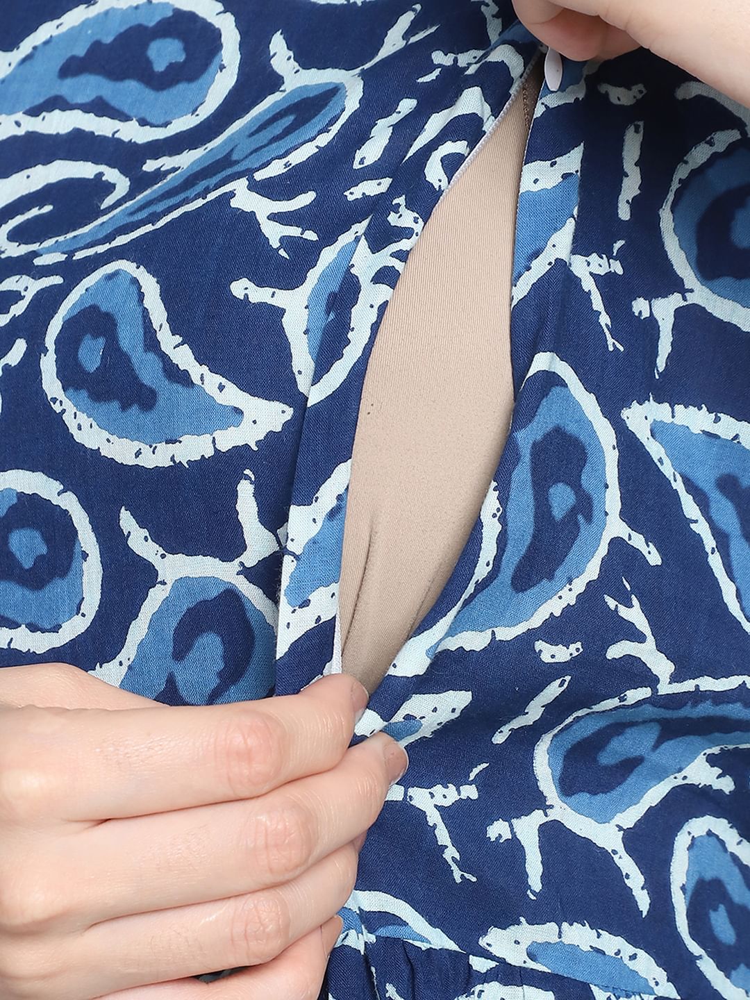 Printed Navy Blue Cotton Maternity Nightdress Calf Length