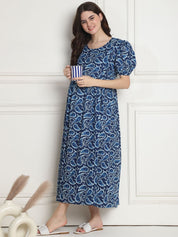 Printed Navy Blue Cotton Maternity Nightdress Calf Length