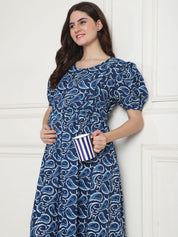 Printed Navy Blue Cotton Maternity Nightdress Calf Length
