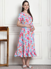 Floral Print Blue Cotton Maternity Wrap Dress