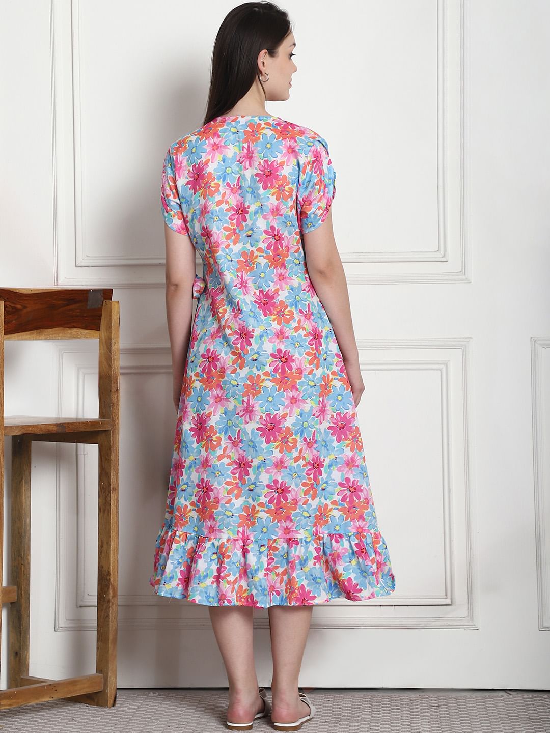 Floral Print Blue Cotton Maternity Wrap Dress