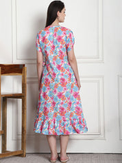 Floral Print Blue Cotton Maternity Wrap Dress