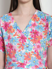 Floral Print Blue Cotton Maternity Wrap Dress