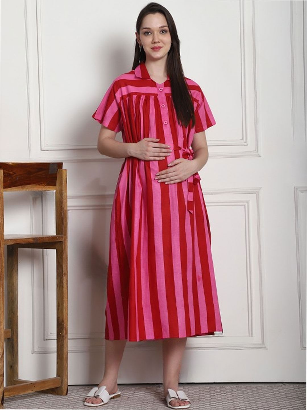 Striped Red & Pink Cotton Maternity Dress