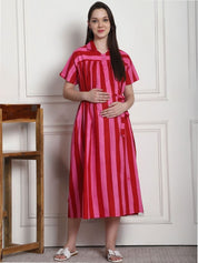 Striped Red & Pink Cotton Maternity Dress