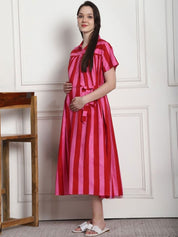 Striped Red & Pink Cotton Maternity Dress