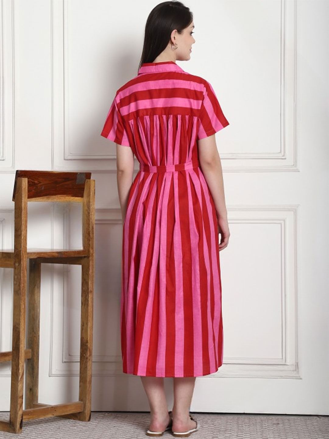 Striped Red & Pink Cotton Maternity Dress