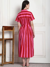 Striped Red & Pink Cotton Maternity Dress
