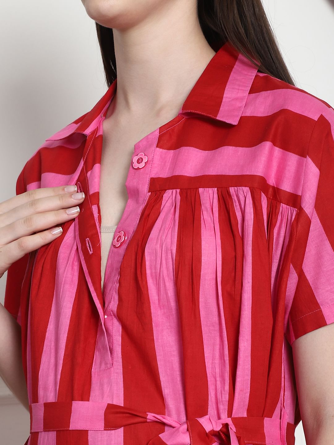 Striped Red & Pink Cotton Maternity Dress