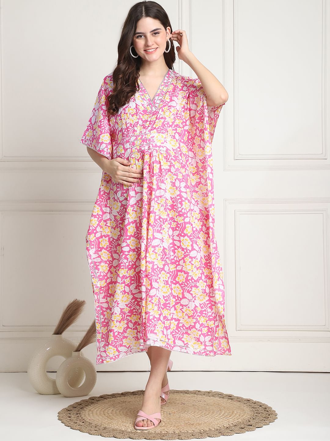 Floral Print Pink Cotton Maternity Kaftan Dress Calf Length