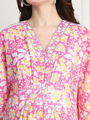 Floral Print Pink Cotton Maternity Kaftan Dress Calf Length