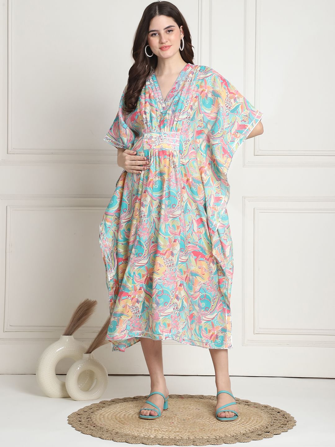 Floral Print Multi Silk Blend Maternity Kaftan Dress Calf Length