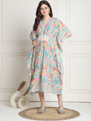 Floral Print Multi Silk Blend Maternity Kaftan Dress Calf Length