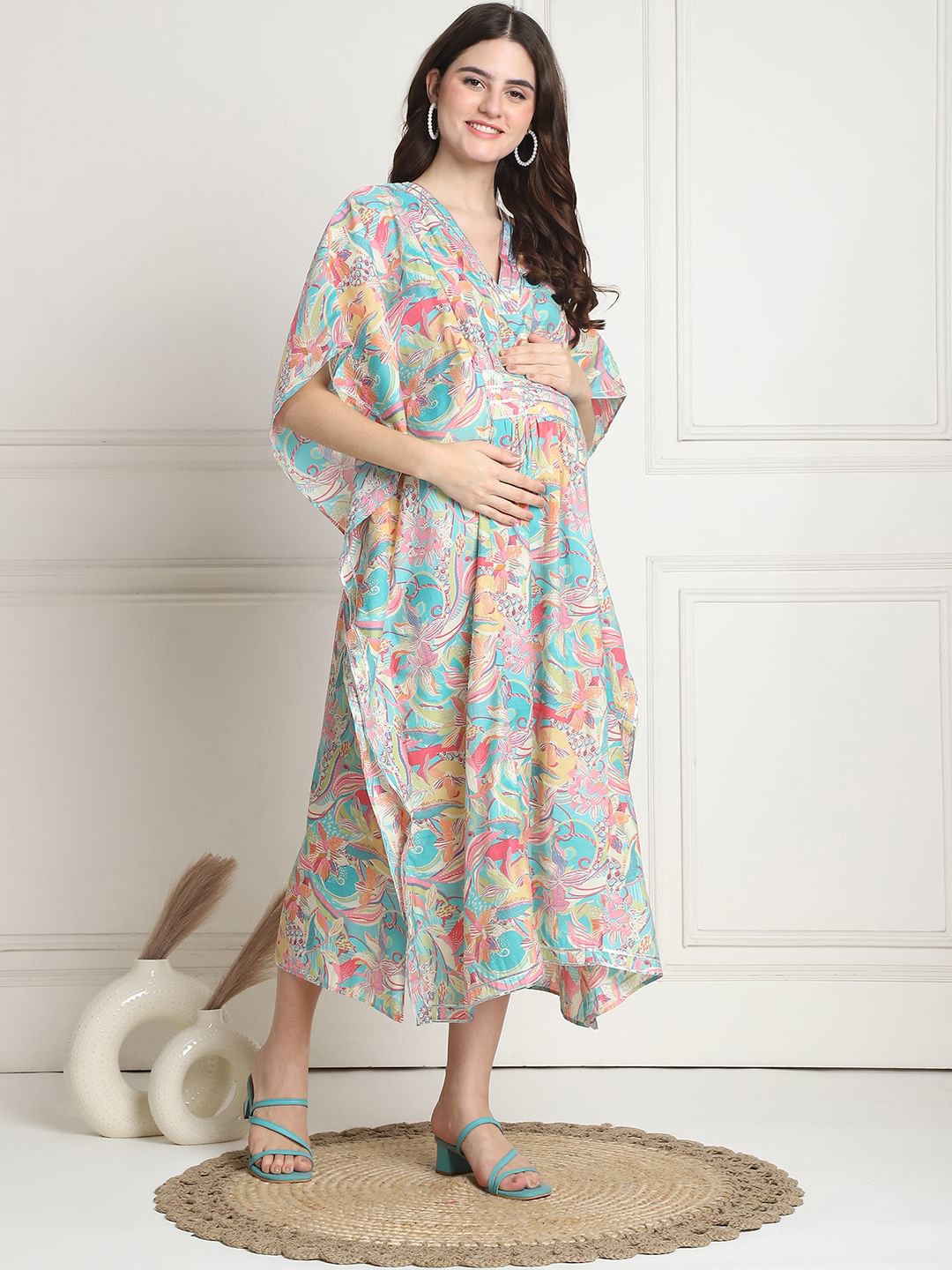 Floral Print Multi Silk Blend Maternity Kaftan Dress Calf Length