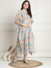 Floral Print Multi Silk Blend Maternity Kaftan Dress Calf Length