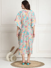 Floral Print Multi Silk Blend Maternity Kaftan Dress Calf Length