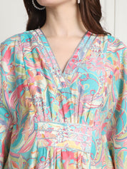 Floral Print Multi Silk Blend Maternity Kaftan Dress Calf Length