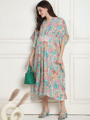 Floral Print Multi Silk Blend Maternity Kaftan Dress Calf Length