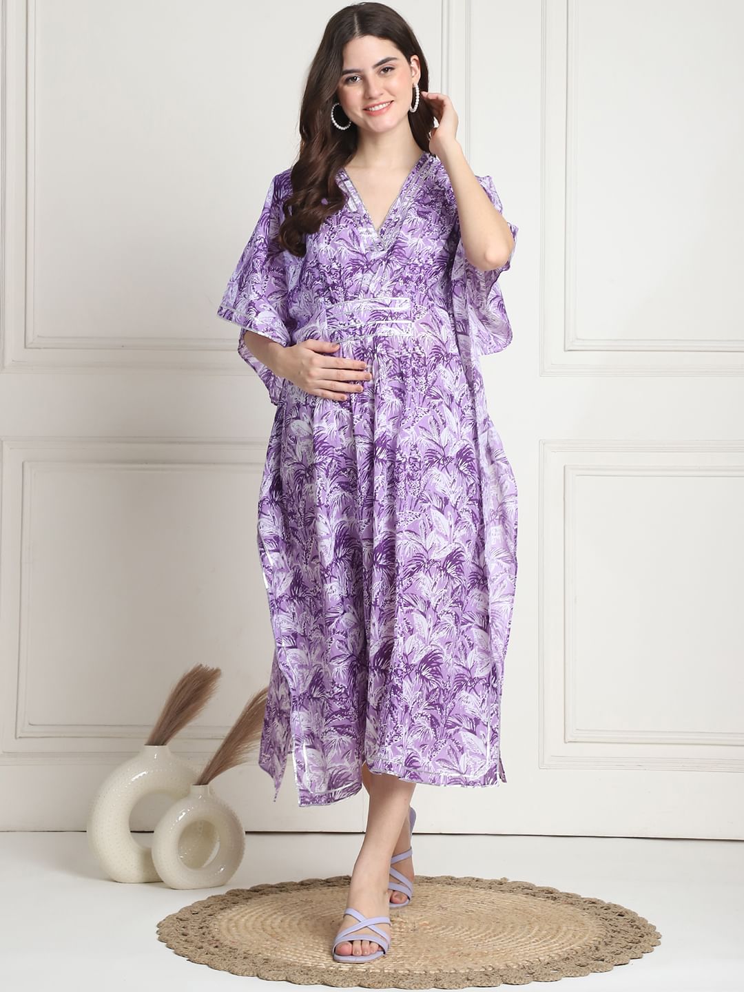 Floral Print Purple Cotton Maternity Kaftan Dress Calf Length