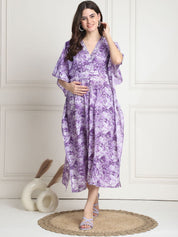 Floral Print Purple Cotton Maternity Kaftan Dress Calf Length