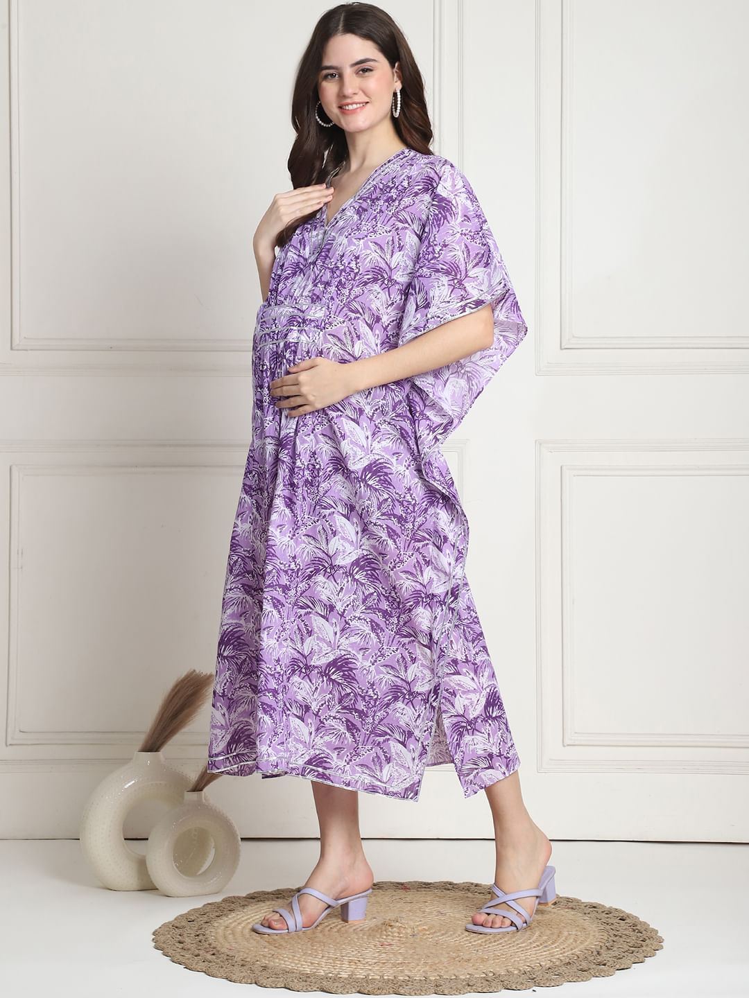 Floral Print Purple Cotton Maternity Kaftan Dress Calf Length