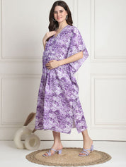 Floral Print Purple Cotton Maternity Kaftan Dress Calf Length