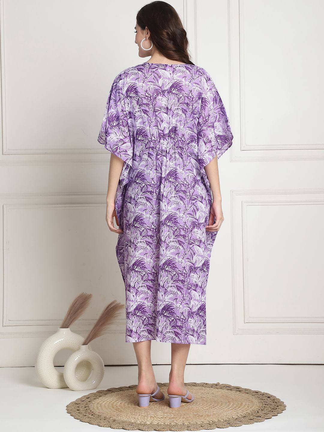 Floral Print Purple Cotton Maternity Kaftan Dress Calf Length