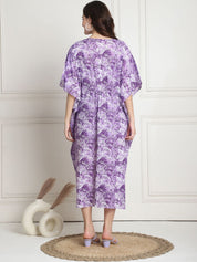 Floral Print Purple Cotton Maternity Kaftan Dress Calf Length