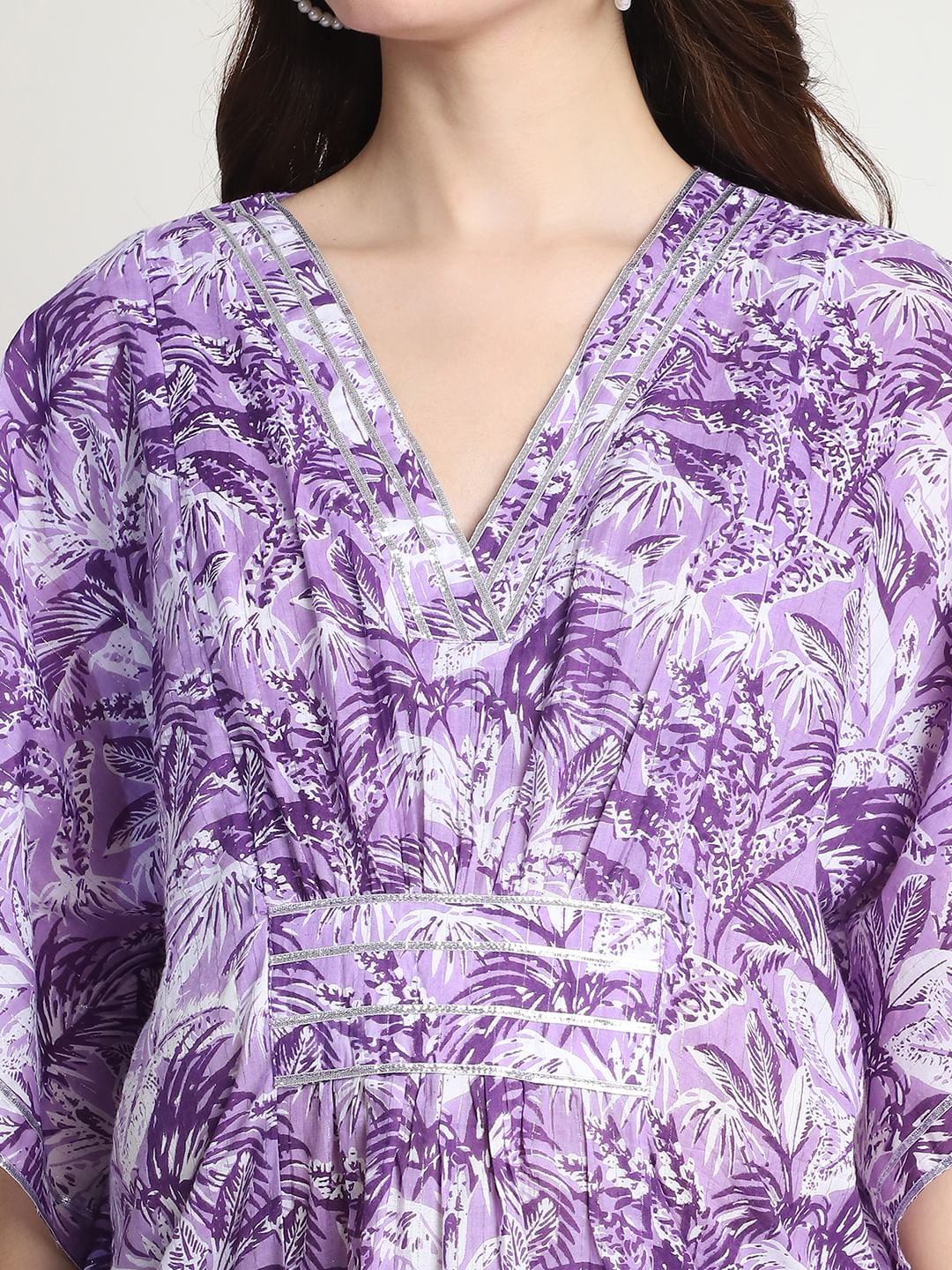 Floral Print Purple Cotton Maternity Kaftan Dress Calf Length