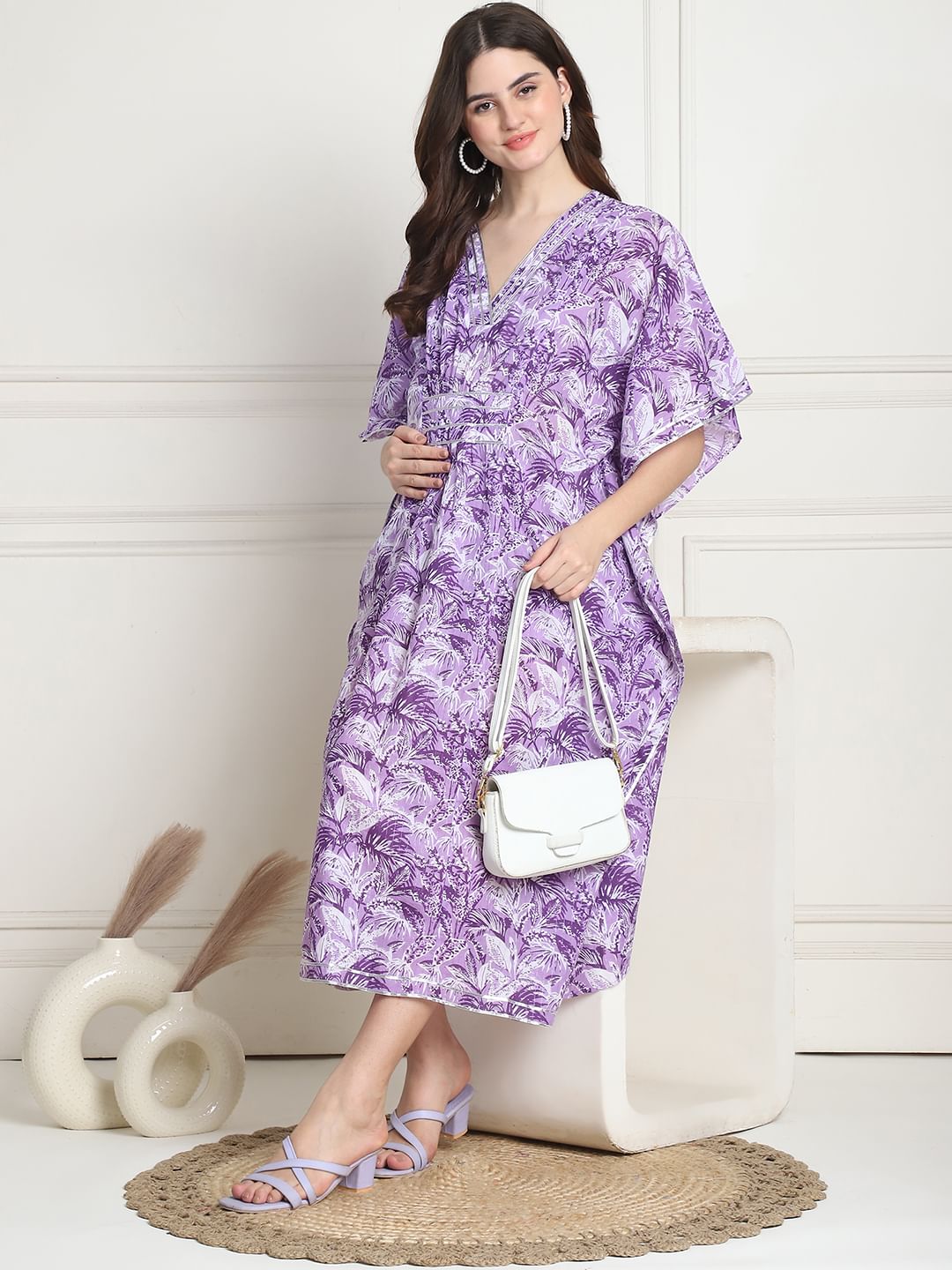 Floral Print Purple Cotton Maternity Kaftan Dress Calf Length