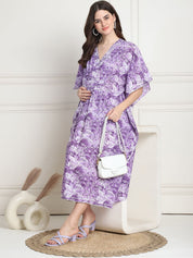Floral Print Purple Cotton Maternity Kaftan Dress Calf Length