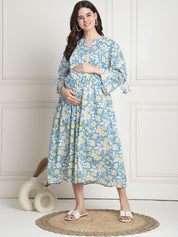 Floral Print Light Blue Cotton Maternity dress Calf Length