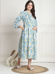Floral Print Light Blue Cotton Maternity dress Calf Length
