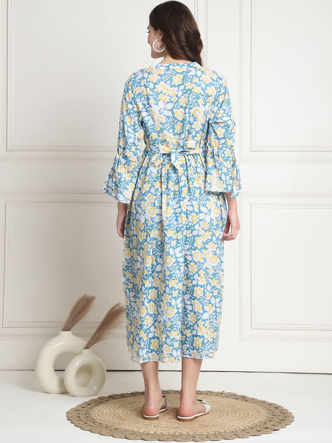 Floral Print Light Blue Cotton Maternity dress Calf Length