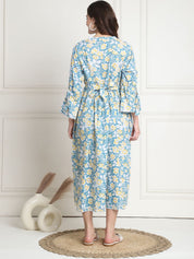 Floral Print Light Blue Cotton Maternity dress Calf Length
