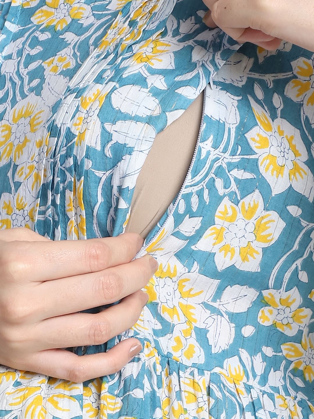 Floral Print Light Blue Cotton Maternity dress Calf Length