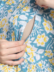 Floral Print Light Blue Cotton Maternity dress Calf Length