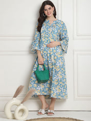 Floral Print Light Blue Cotton Maternity dress Calf Length