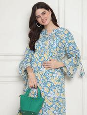Floral Print Light Blue Cotton Maternity dress Calf Length