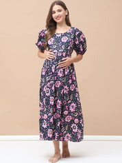 Floral Print Navy Blue Cotton Maternity Nightdress Calf Length